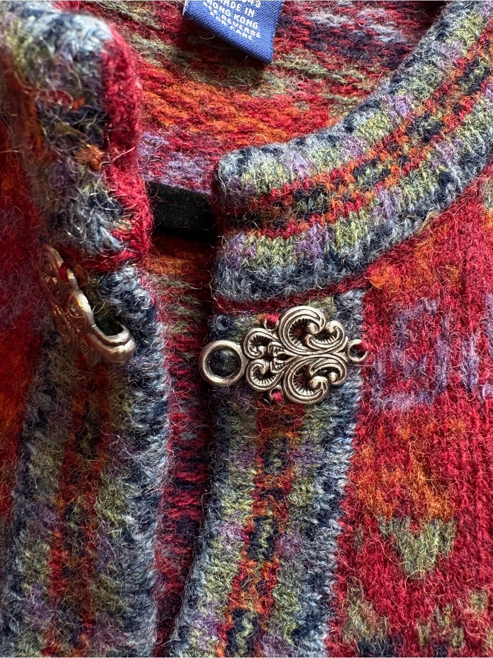 Eagle's Eye Multicolor 100% Wool Crewneck Fisherman Sweater - Red Base Cabincore - Picture 5 of 7